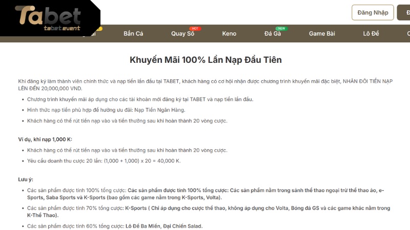 Khuyến Mãi Nạp Đầu Tặng 100% Dành Cho Hội Viên TABET Điều kiện nhận khuyến mãi nạp đầu tặng 100% cho hội viên