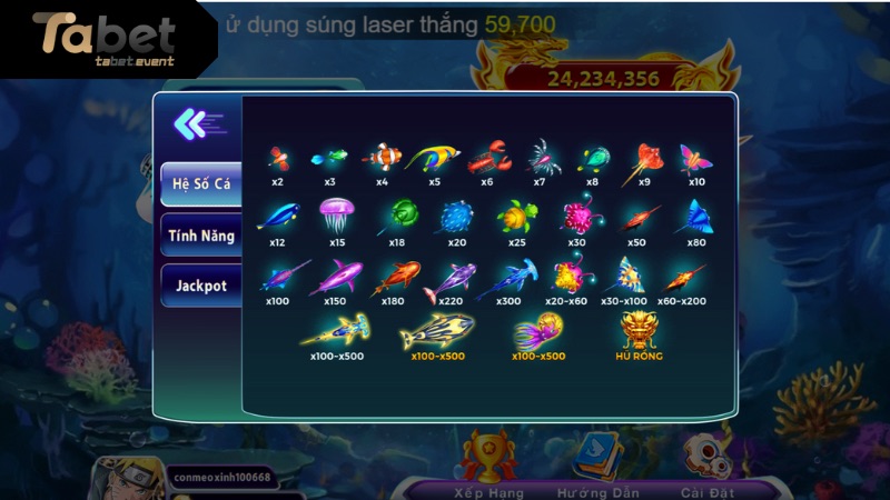 Vua Bắn Cá TABET - Trải Nghiệm Bắn Cá Thưởng Cực Khủng Thông tin hệ số trả thưởng các mục tiêu tại game Vua Bắn Cá